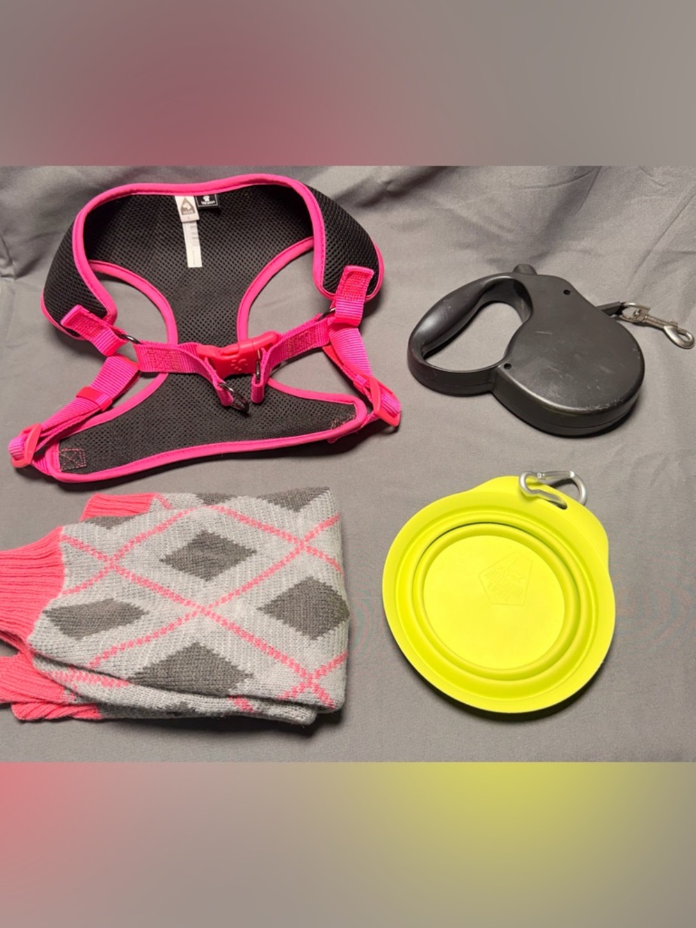 Mesh Dog Harness, Yellow Travel Bowl, Retractable leash and pink sweater